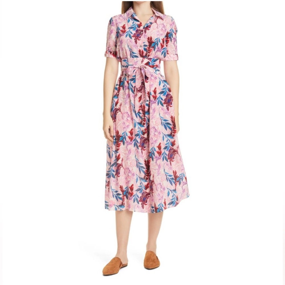 Like NEW DYVNA Pink Floral Print Short Sleeve Silk Blend Midi Shirt Dress Medium